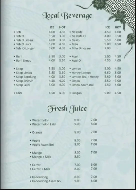 Banglo 289 Menu