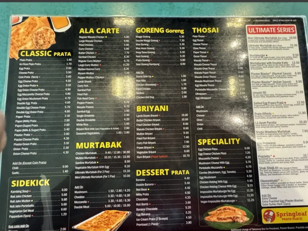 Springleaf Prata Place Menu Singapore