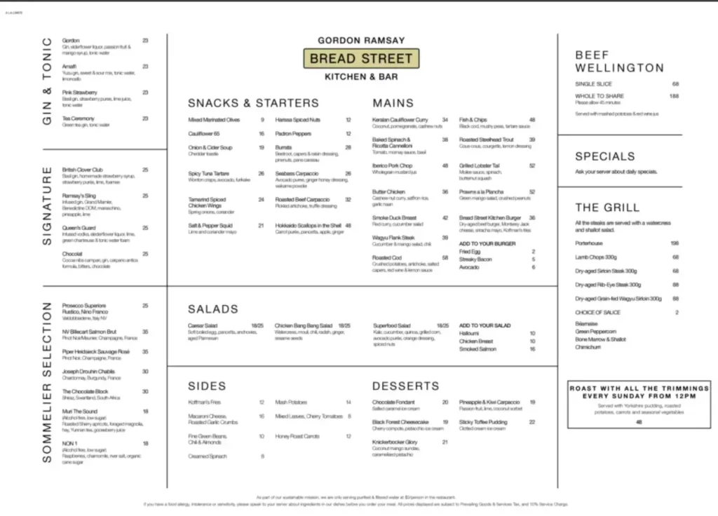 Bread Street Kitchen Menu Singapore