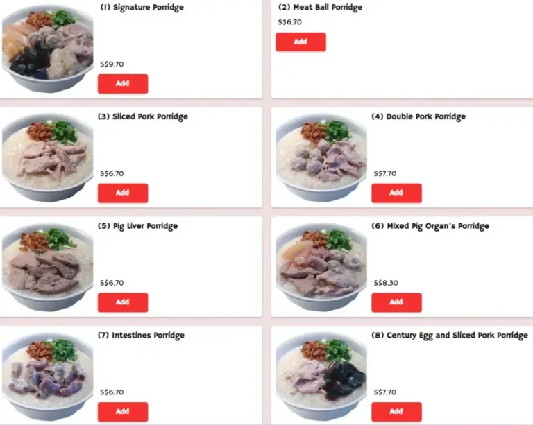 Sin Heng Kee Porridge Menu